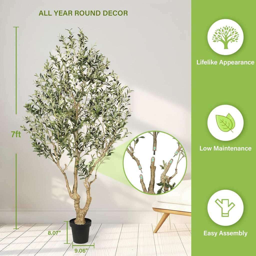 Olive Trees Artificial Indoor 7ft – Faux Olive Tree 7 Feet with Natural Looking Trunk, Realistic Leaves and Lifelike Fruits, Fake Olive Tree for Home Office Living Room Decor
