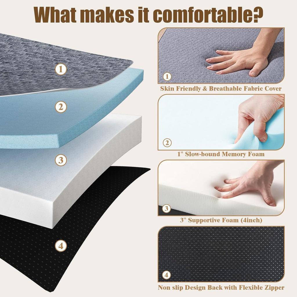 Trifold Mattress Queen Size 4 Inch - Foldable Memory Foam Mattress for Camping, Travel, RV, Guest Bed & Yoga - No Slip Bottom, Washable Cover with Handles - Portable Folding Floor Cushion 78"x58"x4"