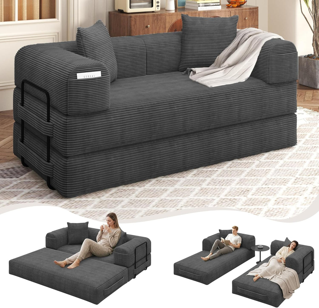 80" Convertible Sofa Bed, 5 in 1 Modular Boneless Couch Sleeper Sofa Bed with Fixed Frame & Removable Backrest Pillow, Washable Corduroy Futon Sofa Bed Couch in a Box for Small Spaces, Dark Grey