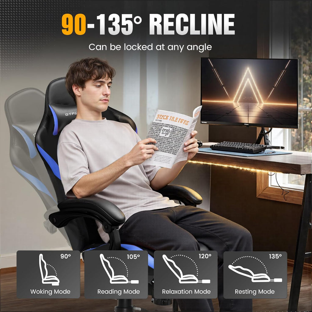 GTPLAYER Gaming Chair with Foot Rest & Pocket Spring Cushion, Ergonomic High Back Computer Chair with Headrest & 360°-Swivel Seat for Home Office Desk, PU Leather, Blue
