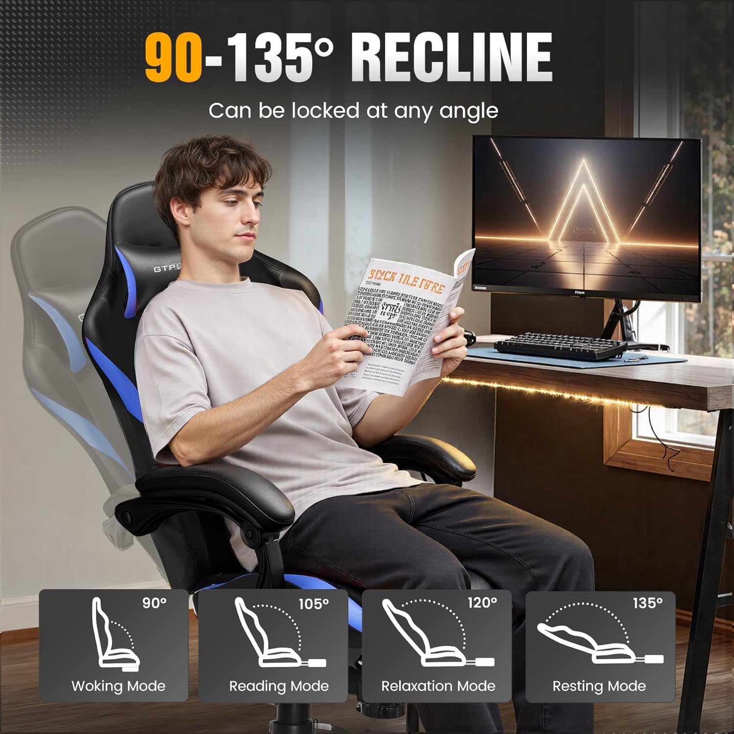 GTPLAYER Gaming Chair with Foot Rest & Pocket Spring Cushion, Ergonomic High Back Computer Chair with Headrest & 360°-Swivel Seat for Home Office Desk, PU Leather, Blue