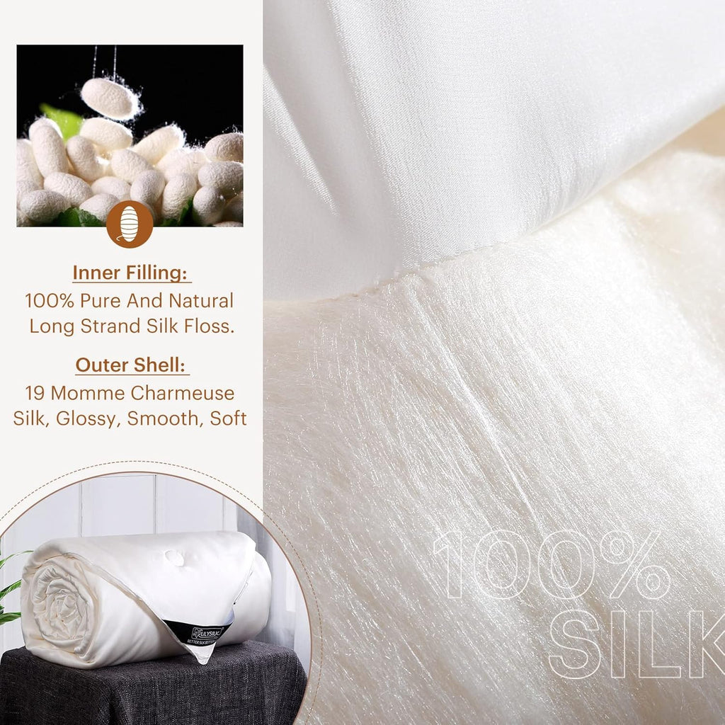 LilySilk All Season 100% Silk Comforter with Silk Shell Duvet, Queen(87x90 Inch,Net Weight:1.75kg)