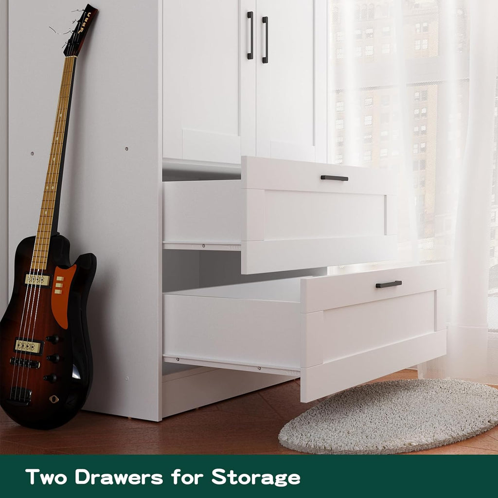 Wood White Wardrobe Closet with 2 Doors and 2 Drawers .Bedroom Freestanding Armoire Storage Cabinet with Shelves .Wooden Wardrobe Combination for Hanging Clothes (White 2 Drawers)