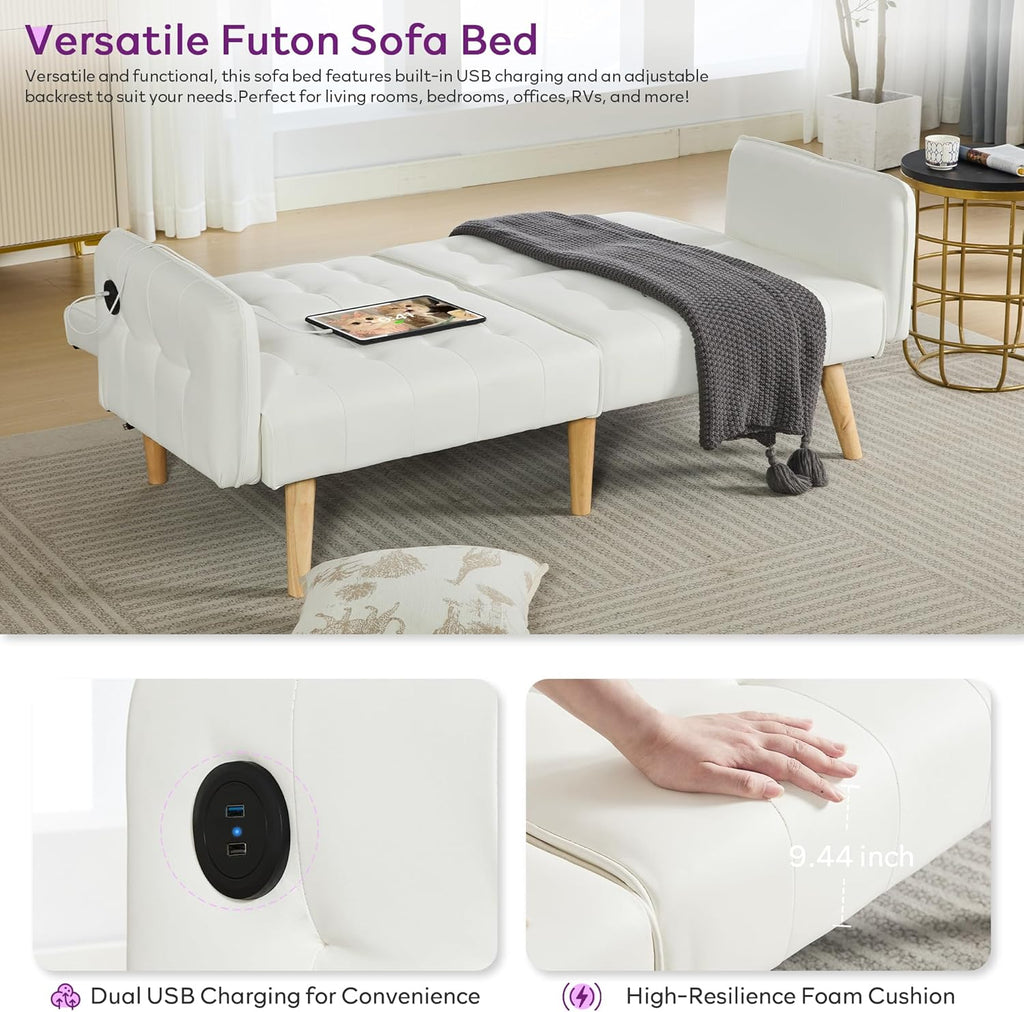 TYBOATLE Modern White Faux Leather Upholstered Convertible USB Folding Futon Sofa Bed, 65" Couch, Love Seats Furniture for Small Space Configuration, Apartment, Dorm, Living Room, Office