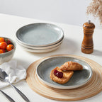 Pokini Gradient Green Stoneware Dinnerware Sets, 12 pcs Reactive Glaze Plates and Bowls Sets, Handmade Ceramic Round Dishes Set for 4, Highly Chip and Crack Resistant Modern Plate Set