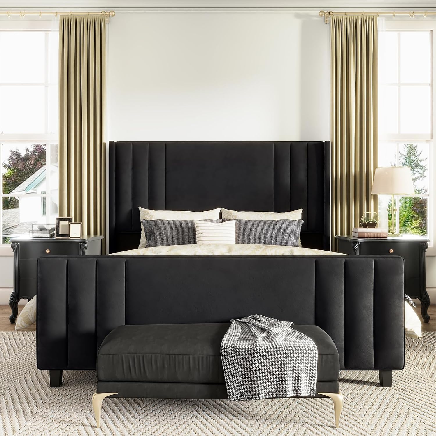 AMERLIFE King Size Bed Frame, Velvet Upholstered Platform Bed with Vertical Channel Tufted Headboard & Footboard/Wingback, Mattress Foundation with Wood Slats, No Box Spring Needed, Black
