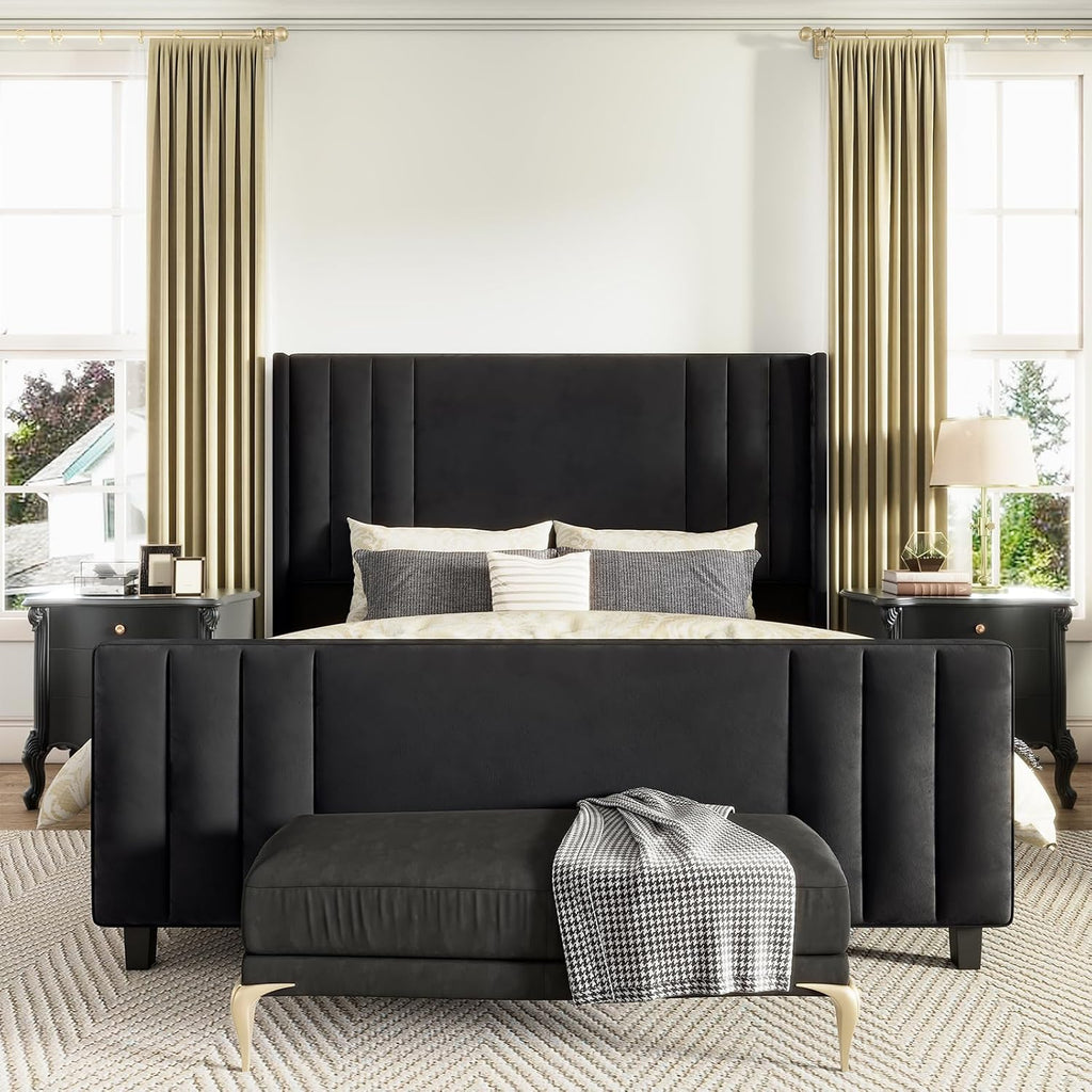 AMERLIFE Queen Size Bed Frame, Velvet Upholstered Platform Bed with Vertical Channel Tufted Headboard & Footboard/Wingback, Mattress Foundation with Wood Slats, No Box Spring Needed, Black