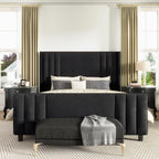 AMERLIFE Queen Size Bed Frame, Velvet Upholstered Platform Bed with Vertical Channel Tufted Headboard & Footboard/Wingback, Mattress Foundation with Wood Slats, No Box Spring Needed, Black