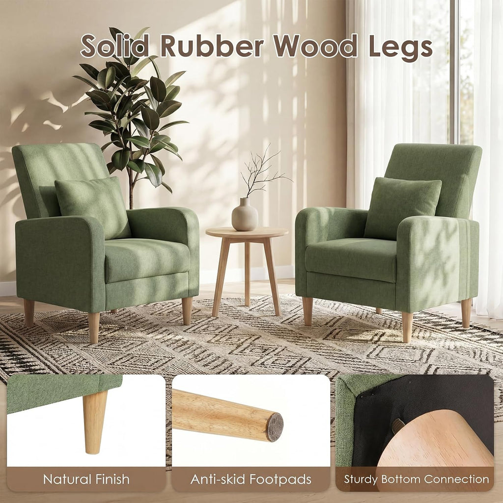 COLAMY Mid-Century Modern Upholstered Accent Chair with Back Pillow & Solid Wood Legs, Fabric Cozy Armchair for Living Room, Bedroom, Reading Nook, Apartment & Small Spaces, Green