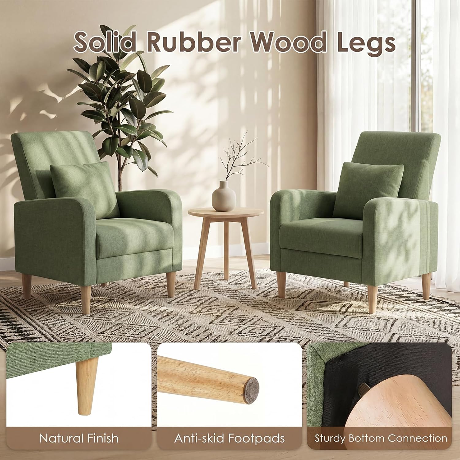 COLAMY Mid-Century Modern Upholstered Accent Chair with Back Pillow & Solid Wood Legs, Fabric Cozy Armchair for Living Room, Bedroom, Reading Nook, Apartment & Small Spaces, Green
