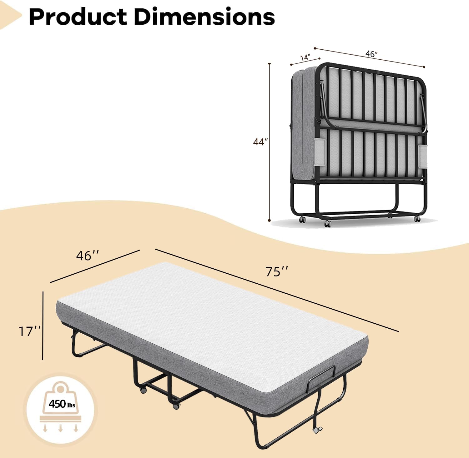 Large Folding Bed with Mattress, 75''x46'' RollAway Bed for Guest, Extra Wide and Comfortable Sleep