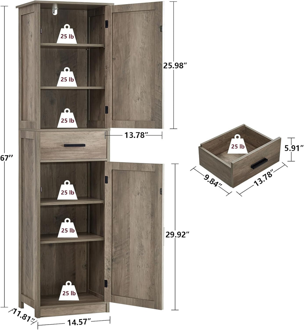 usikey 67'' Tall Storage Cabinet, Narrow Bathroom Floor Storage Cabinet with 4 Shelves & 2 Doors, for Bathroom, Living Room, Rustic Gray UNSNG040M