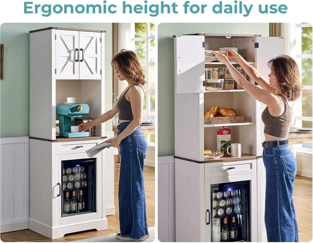 Bar Cabinet with Fridge (Included), 69" Farmhouse Wine Cabinet with Storage Drawers & Adjustable Shelves, Coffee Bar Cabinet for Home bar, Dining Room, Living Room