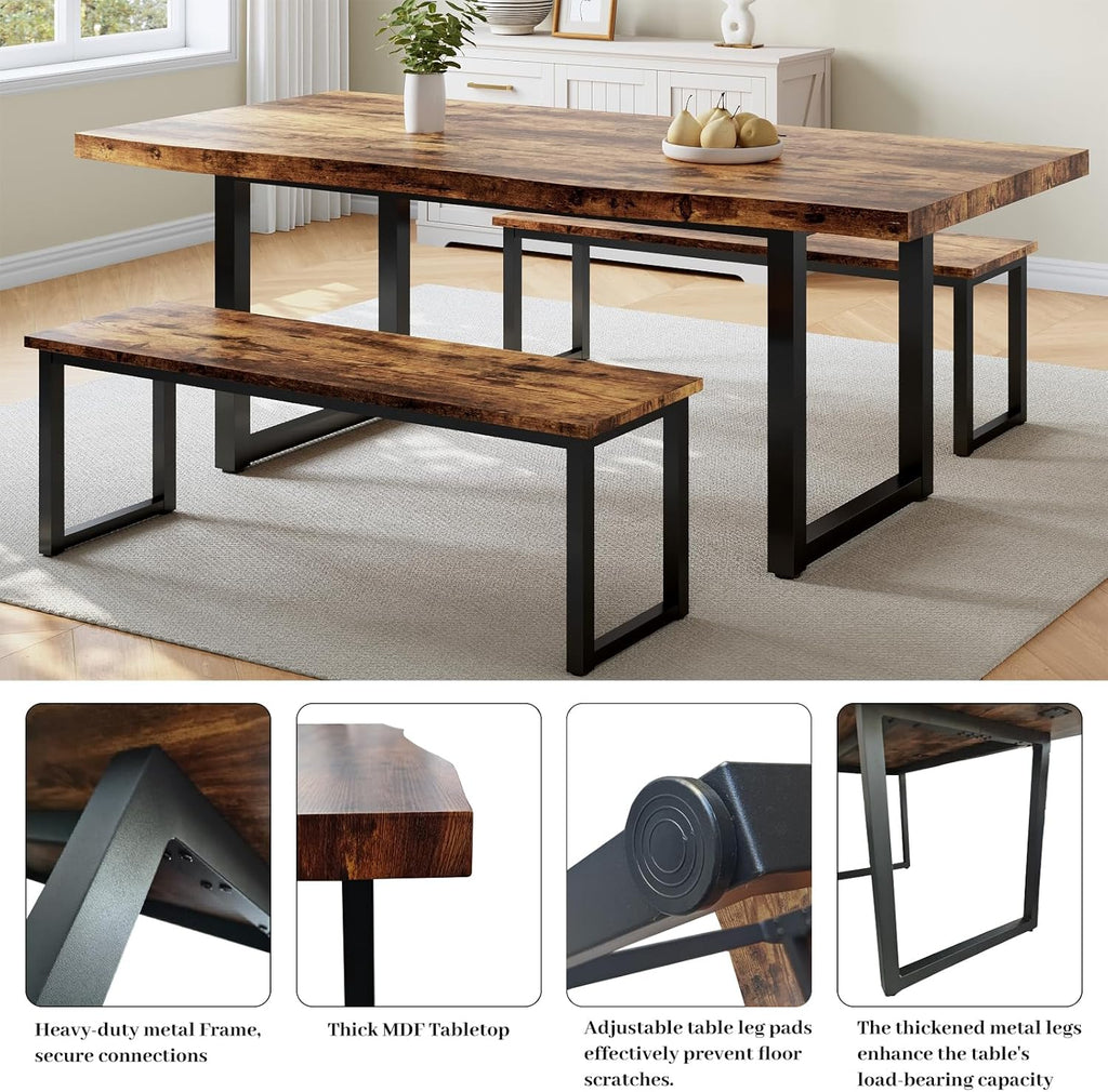 63" Dining Table with 2 Benches, Modern Kitchen Table and Chairs Set for 4 to 6 Persons, Thickened MDF Wooden Table for Dining Room, Kitchen