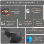 Lenovo V-Series V15 Business Laptop  15.6" FHD Display  AMD Ryzen 7 7730U  40GB RAM  1TB SSD  Numeric Keypad  HDMI  RJ45  Webcam  Wi-Fi  Windows 11 Pro  Black