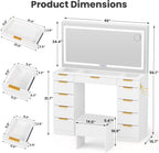 Pamapic Glass Top Vanity Desk with Mirror and Lights, 11 Drawers Makeup Vanity with Charging Station and Chair, Golden Handles Dressing Table, 3 Lighting Modes Makeup Table, White