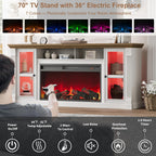 Farmhouse Fireplace TV Stand Up to 80" TVs, 70" Modern Highboy Entertainment Center with 36" Electric Fireplace & LED Lights, Media Console with Adjustable Shelves for Living Room, Antique White