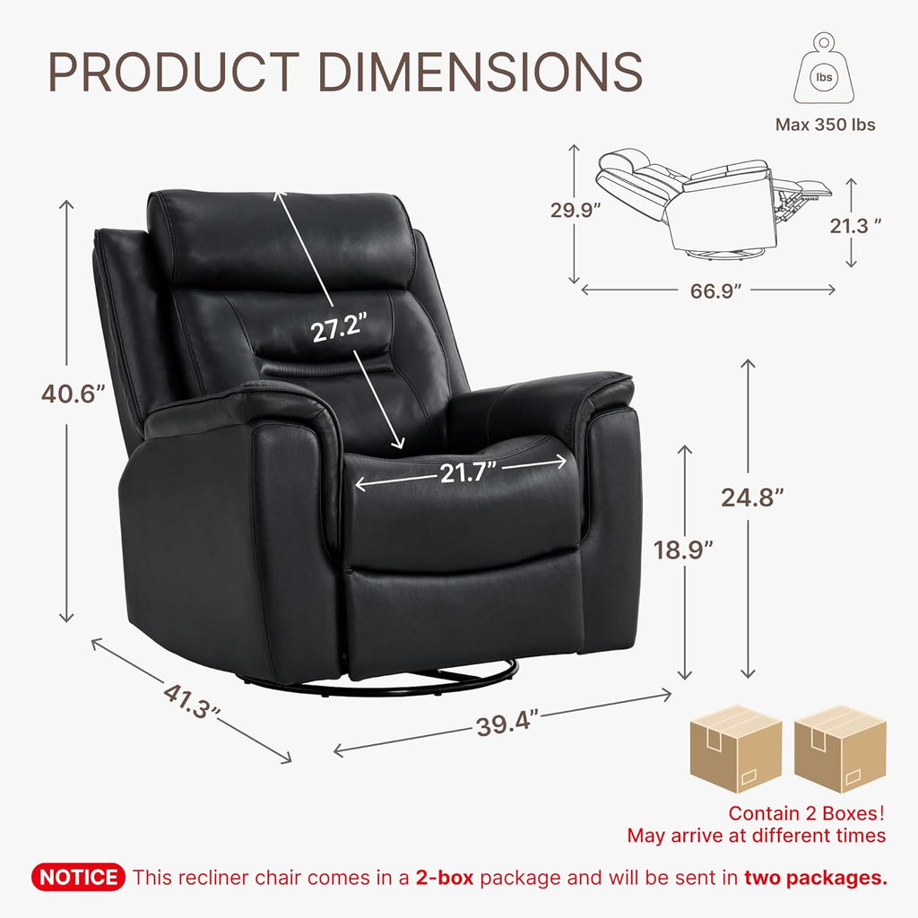 Leather Recliner Chair, 360° Swivel Rocker for Adults Manual Rocking Reclining Chair with Adjustable Backrest Footrest for Living Room Bedroom Home Theater Seating