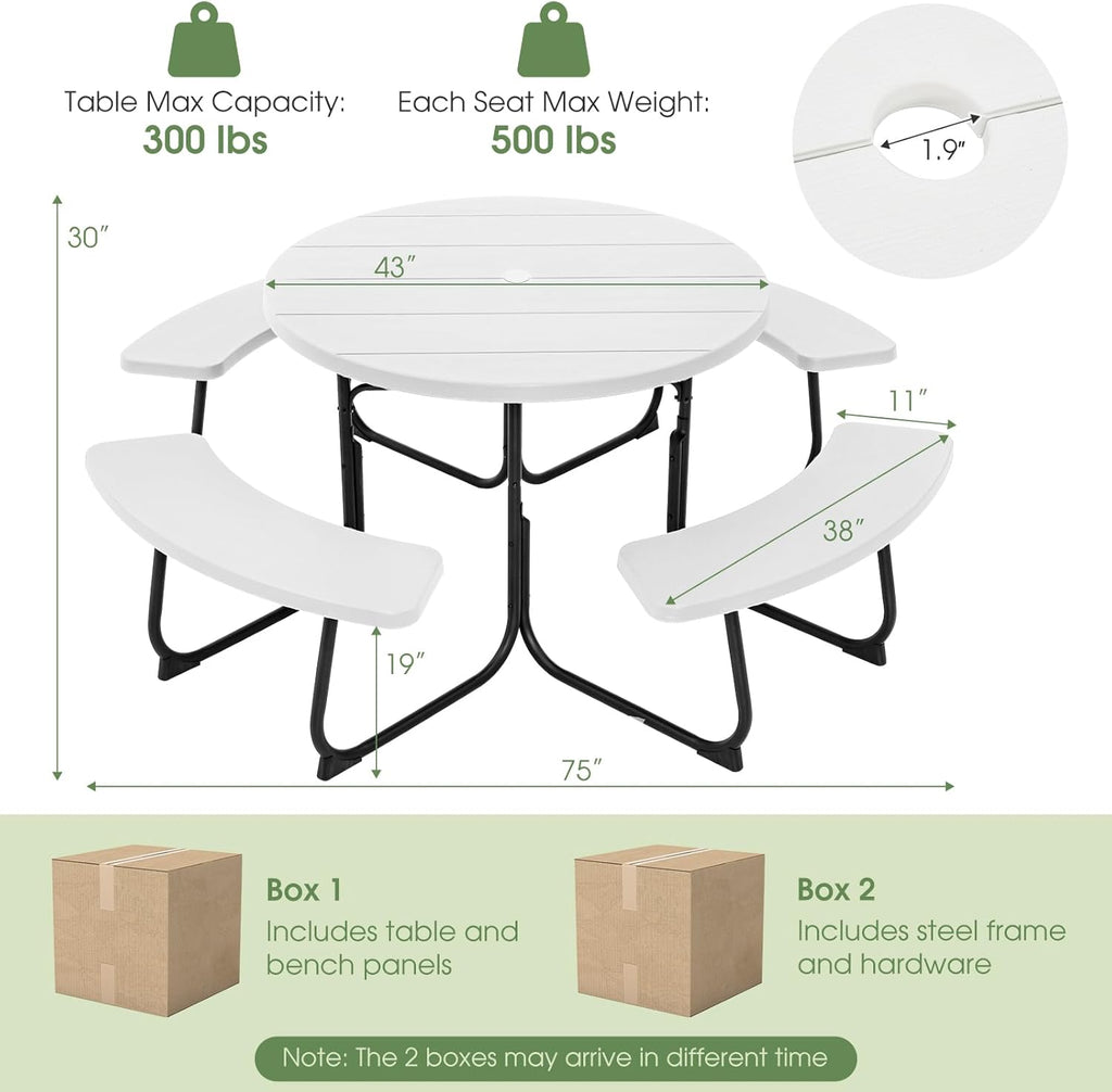 Giantex Picnic Table Set for Up to 8 Persons  Round Outdoor Table and Bench Set with Umbrella Hole  HDPE Top & Metal Frame  2000LBS Capacity  Patio Table Bench for Deck Backyard Garden (White)