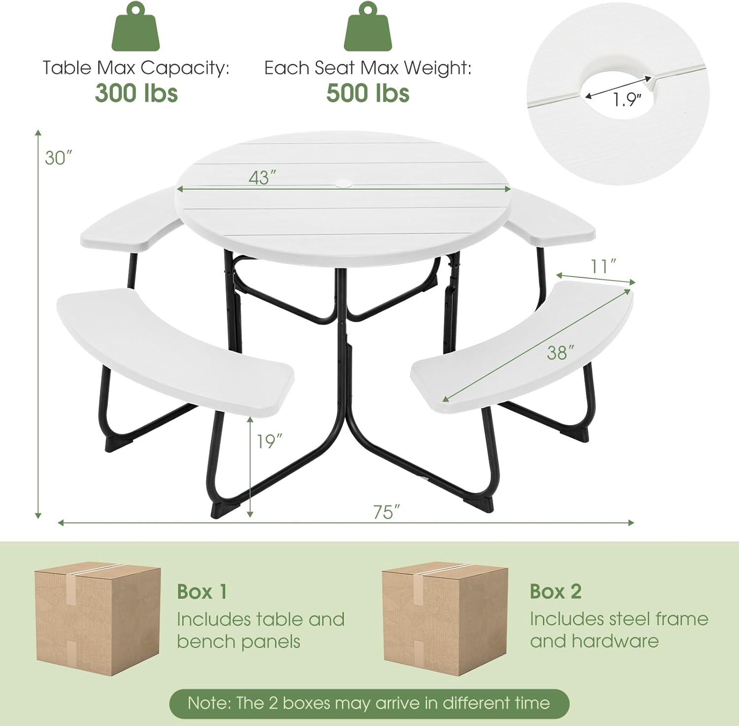 Giantex Picnic Table Set for Up to 8 Persons  Round Outdoor Table and Bench Set with Umbrella Hole  HDPE Top & Metal Frame  2000LBS Capacity  Patio Table Bench for Deck Backyard Garden (White)