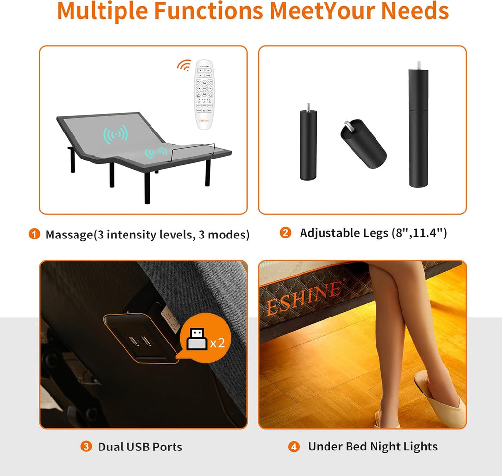 ESHINE Adjustable Bed Frame Smart Bed Twin XL - Upholstered Bed Base with Massage, Wireless Remote, Ergonomic Foot&Head Incline, Zero Gravity, Dual USB Ports, Under Bed Light, 3100 Series Grey