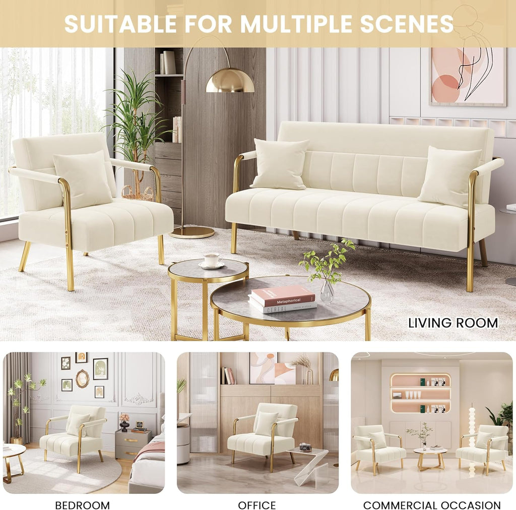 Yaheetech 30" W Modern Sofa Small Sofa Luxurious Velvet Fabric Couch with Gold-Tone Metal Arms and Legs for Living Room, Home Office, Studio Beige