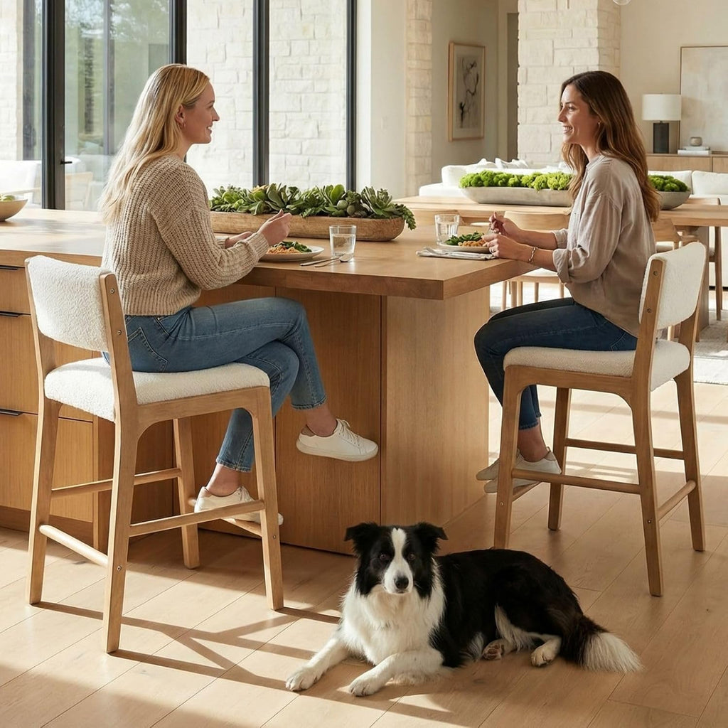 HNY 26.5'' Modern Counter Stools with Backs Counter Height Barstools Set of 2, White Sherpa Boucle Upholstered Bar Height Chairs with Wood Frame Wooden Island Stools for Kitchen Counter/Pub