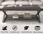 LVB Industrial Grey Coffee Table, Wood Metal 2 Tier Center Table with Storage, Rectangular Low Cocktail Table for Living Room, Farmhouse Concrete Tables for Home Office Bedroom, Dark Gray Oak, 47 Inch