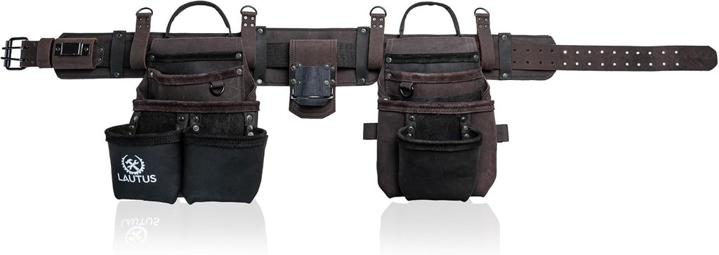 LAUTUS Heavy Duty Top Grain Leather Tool Belt for Framers, Carpenters & Electricians, 18 Pockets, Hammer Holder, 2 D-Rings, 2 Loops, Tape Measure Clip, Thick Belt
