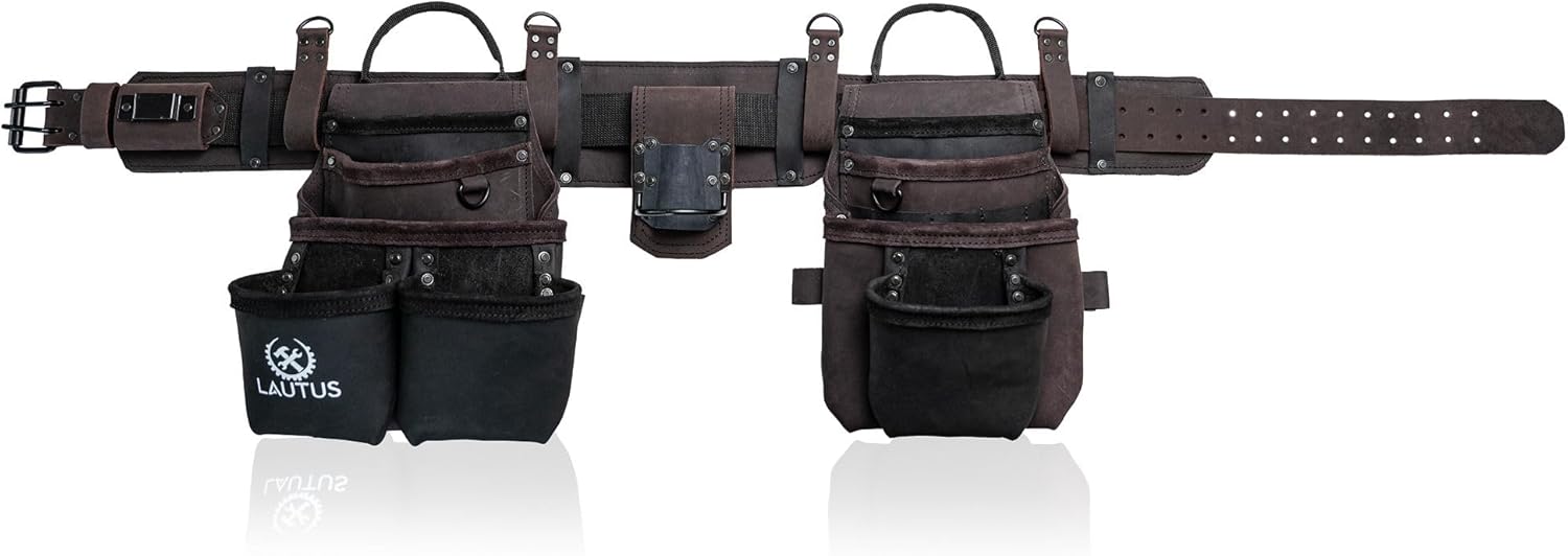 LAUTUS Heavy Duty Top Grain Leather Tool Belt for Framers, Carpenters & Electricians, 18 Pockets, Hammer Holder, 2 D-Rings, 2 Loops, Tape Measure Clip, Thick Belt