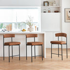 Brown Modern Bar Stools Set of 3, 24 Inch Faux Leather Counter Stools with Curved Backrest, Counter Height Bar Stool for Kitchen Island
