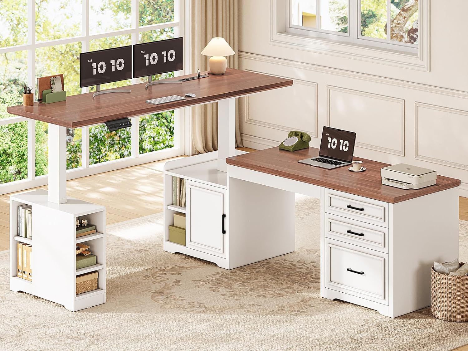SEDETA Farmhouse L Shaped Electric Standing Desk, 63" x 67" Height Adjustable Home Office Executive Desk with Drawers and Shelves, Standing Computer Desks with Power Outlet for Home Office, White