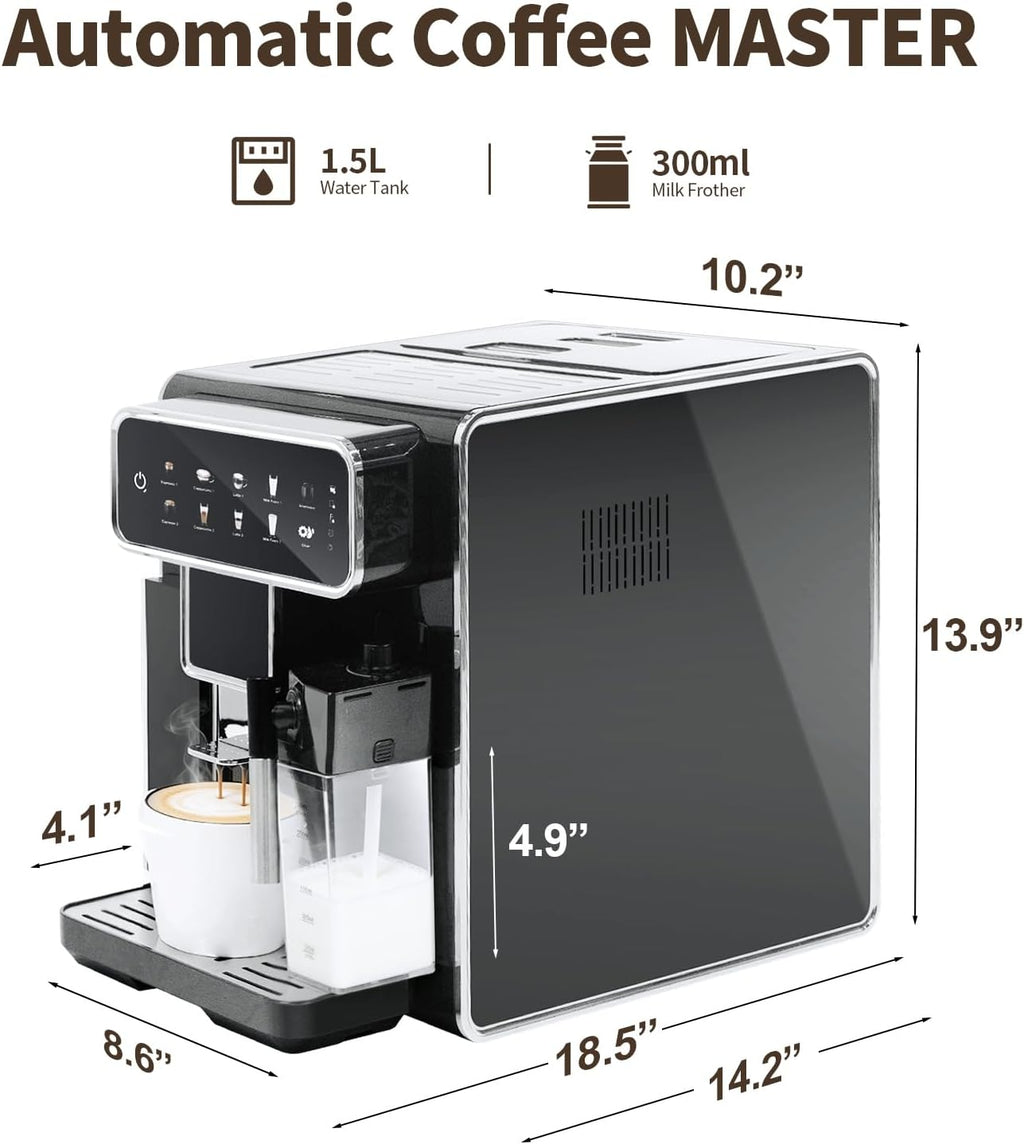 Automatic Espresso Machine with Grinder and Milk Frother - Auto Coffee Maker with 7 One-Touch Coffee Recipes for Latte, Cappuccino, Americano, Iced and Hot Coffee (Grey coffee machine)