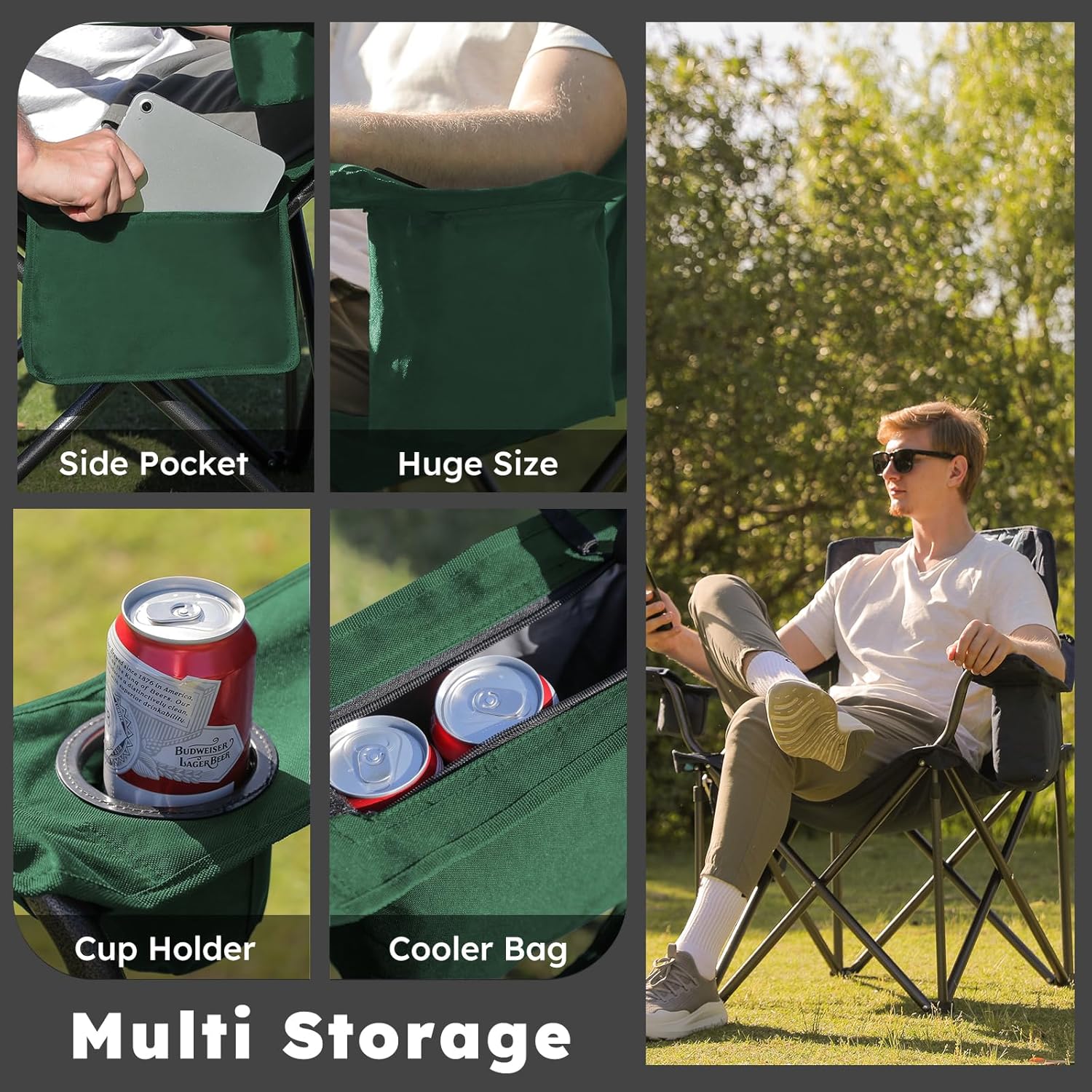 Colegence Oversized Folding Camping Chairs - 450 LBS Support Heavy Duty Camp Chair with Padded Cushion, Portable Outside Chairs with Carry Bag，Cooler, Cup Holder for Outdoor, Lawn, Sports - Green