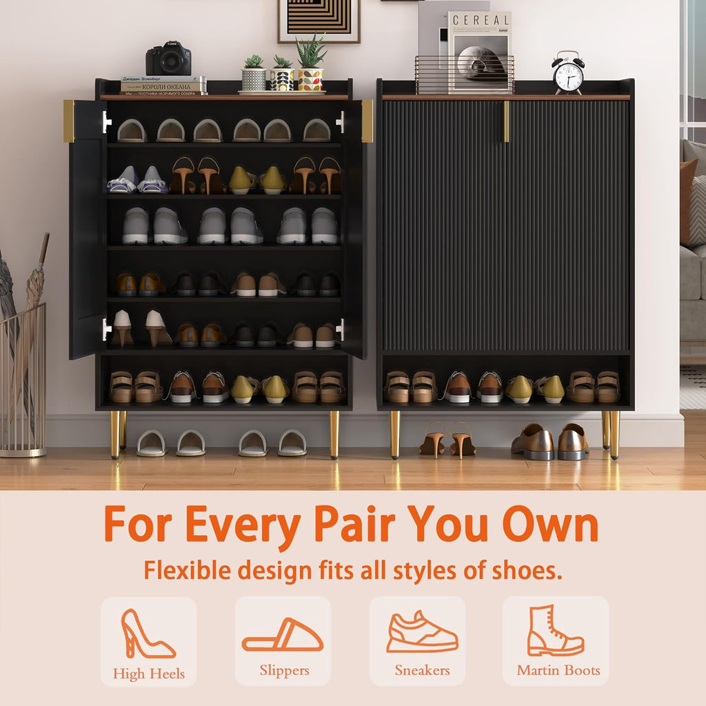 Modern Shoe Storage Cabinet, 7-Tiers Black Shoes Cabinet with Fluted Doors, 45 inch Tall Wooden Shoe Organizer with 4 Adjustable Shelves, Storage Cabinet for Entryway, Hallway, Front Door