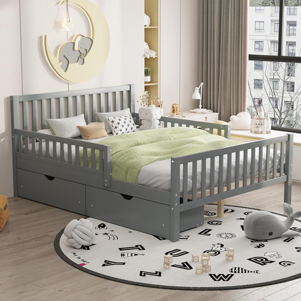 Merax Full Bed Frame with Storage Drawers and Safety Guardrails on Both Sides, Wood Platform Bed & Headboard and Footboard for Kids, Boys, Gilrls, Solid Slats Support, No Box Spring Needed, Gray