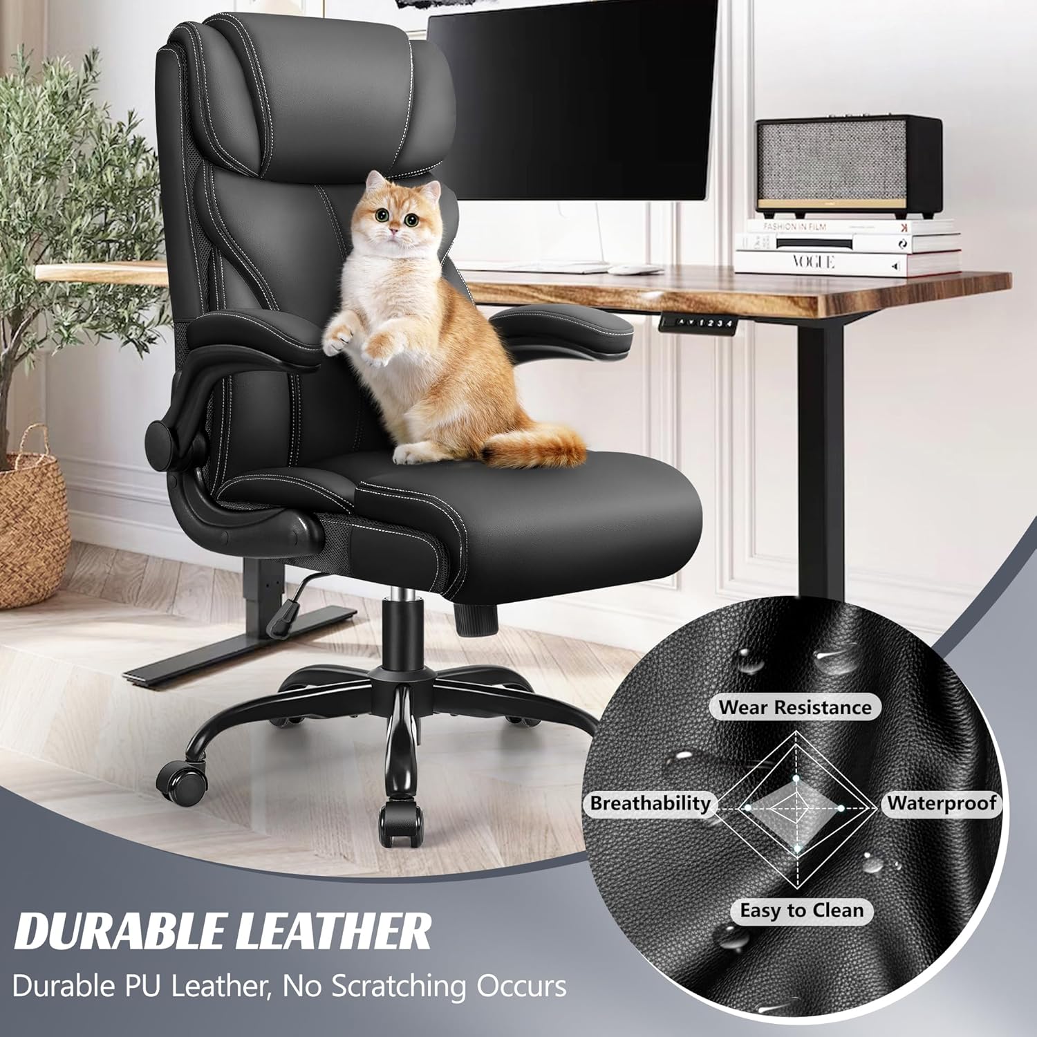 HeroSet Office Chair, Ergonomic Big and Tall Computer Desk Chairs, Executive Breathable Leather Chair with Adjustable Flip-up Armrests, Lumbar Support Swivel PC Chair with Rocking Function