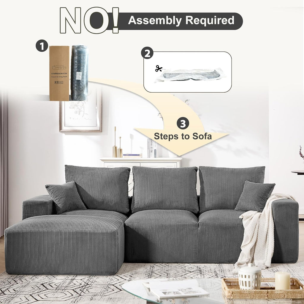 108" Modular Sectional Sofa, Compression Sofa with Deep Seat, Modular L-Shape Couch with Chaise, Upholstered Couches for Living Room Bedroom, No Assembly Required (Grey Corduroy, 108" L Shape)