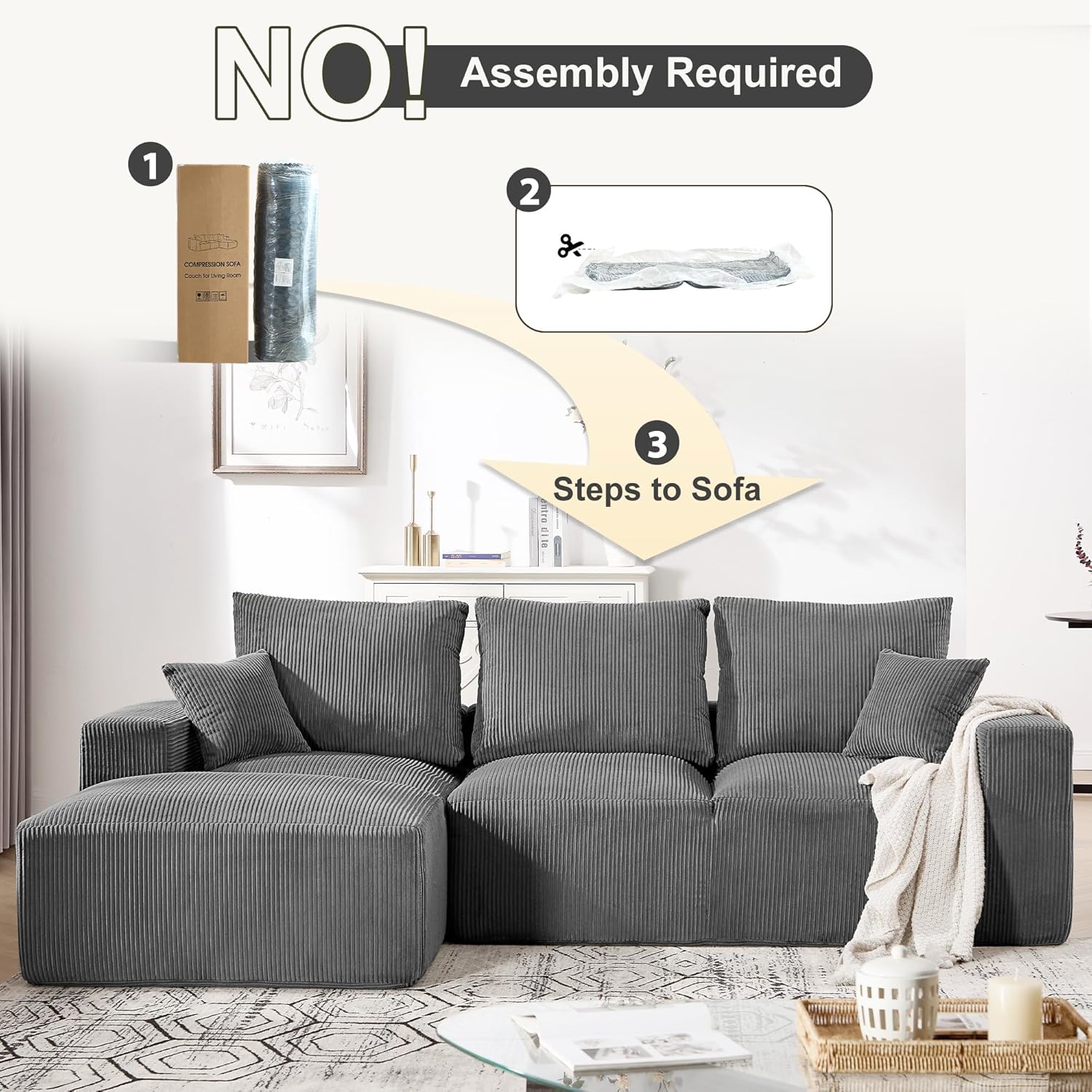108" Modular Sectional Sofa, Compression Sofa with Deep Seat, Modular L-Shape Couch with Chaise, Upholstered Couches for Living Room Bedroom, No Assembly Required (Grey Corduroy, 108" L Shape)