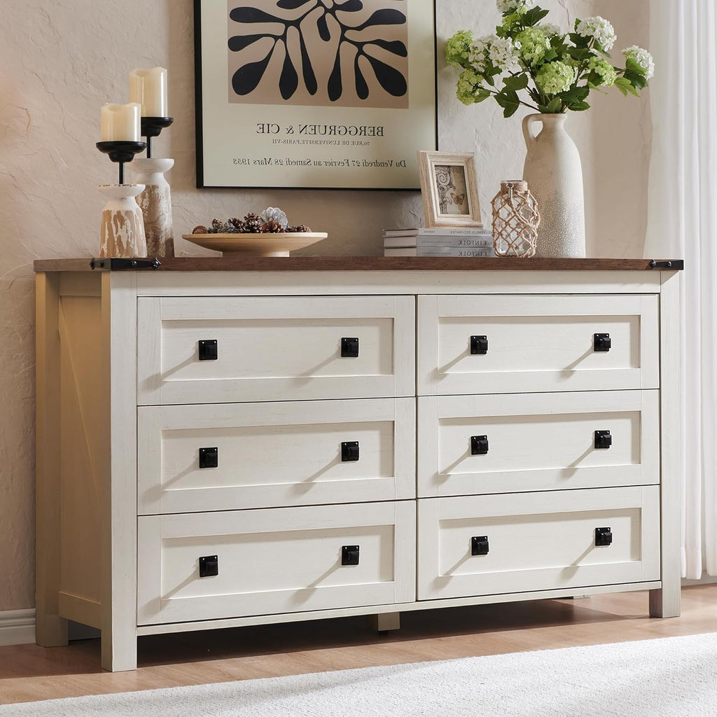 T4TREAM Farmhouse 6 Drawers Dresser for Bedroom, Wood Rustic Wide Chest of Drawers, Storage Dressers Organizer for Bedroom, Living Room, Hallway, Antique White