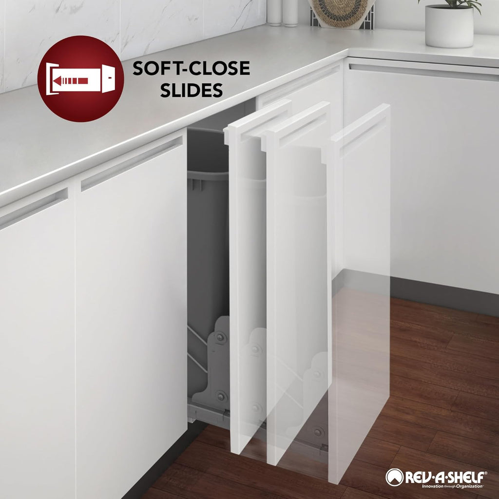 Rev-A-Shelf 27 Qt Double Pullout Under Cabinet Kitchen Trash Cans w/Soft-Close Slides for 15” Base Cabinets, Black, 53WC-1527SCDM-218 - Container Bins for Waste Management