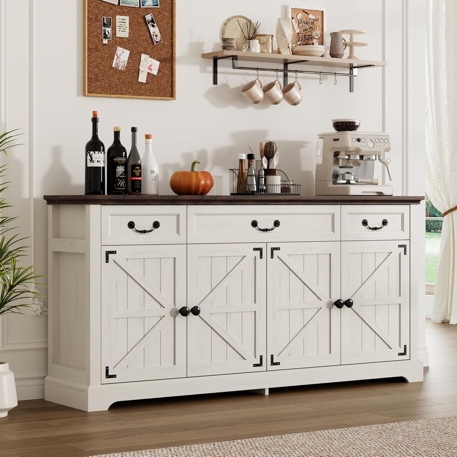Sunny Heart 65" Large Buffet Storage Cabinet, Farmhouse Kitchen Sideboard Buffet with 3 Drawers and 4 Doors, Coffee Bar Wine Bar Cabinet with Storage for Living Room, White