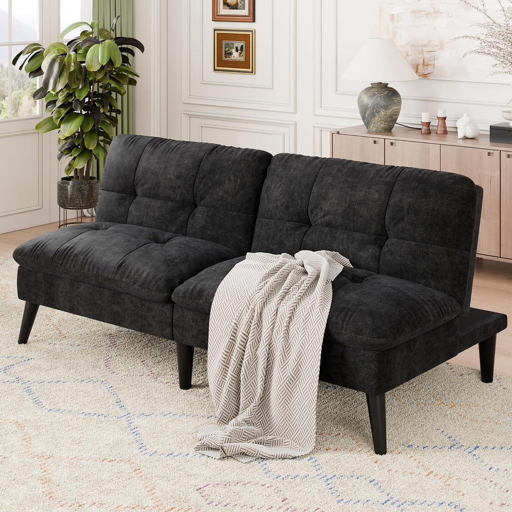 Vongrasig Futon Sofa Bed Velvet Futon Couch with Adjustable Backrest, Small Convertible Folding Sleeper Sofa Bed, Modern Loveseat for Living Room, Bedroom and Small Space, Black