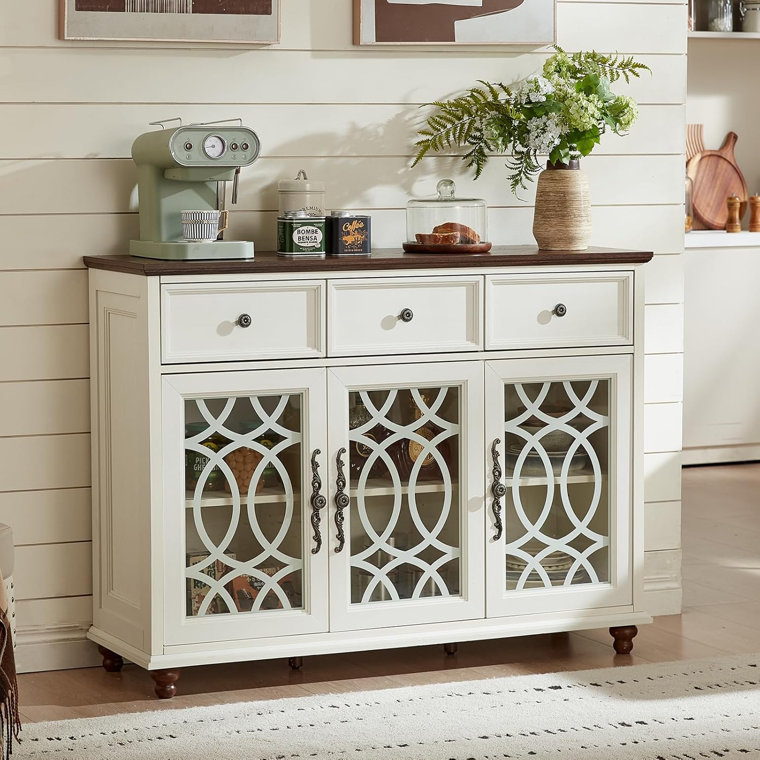 Joaxswe Farmhouse Sideboard Buffet Cabinet with Storage,48" Large Credenza with 3 Glass Doors & 3 Drawers,Adjustable Shelves Console Table,Wood Kitchen Coffee Bar for Dining Room,Living Room,White