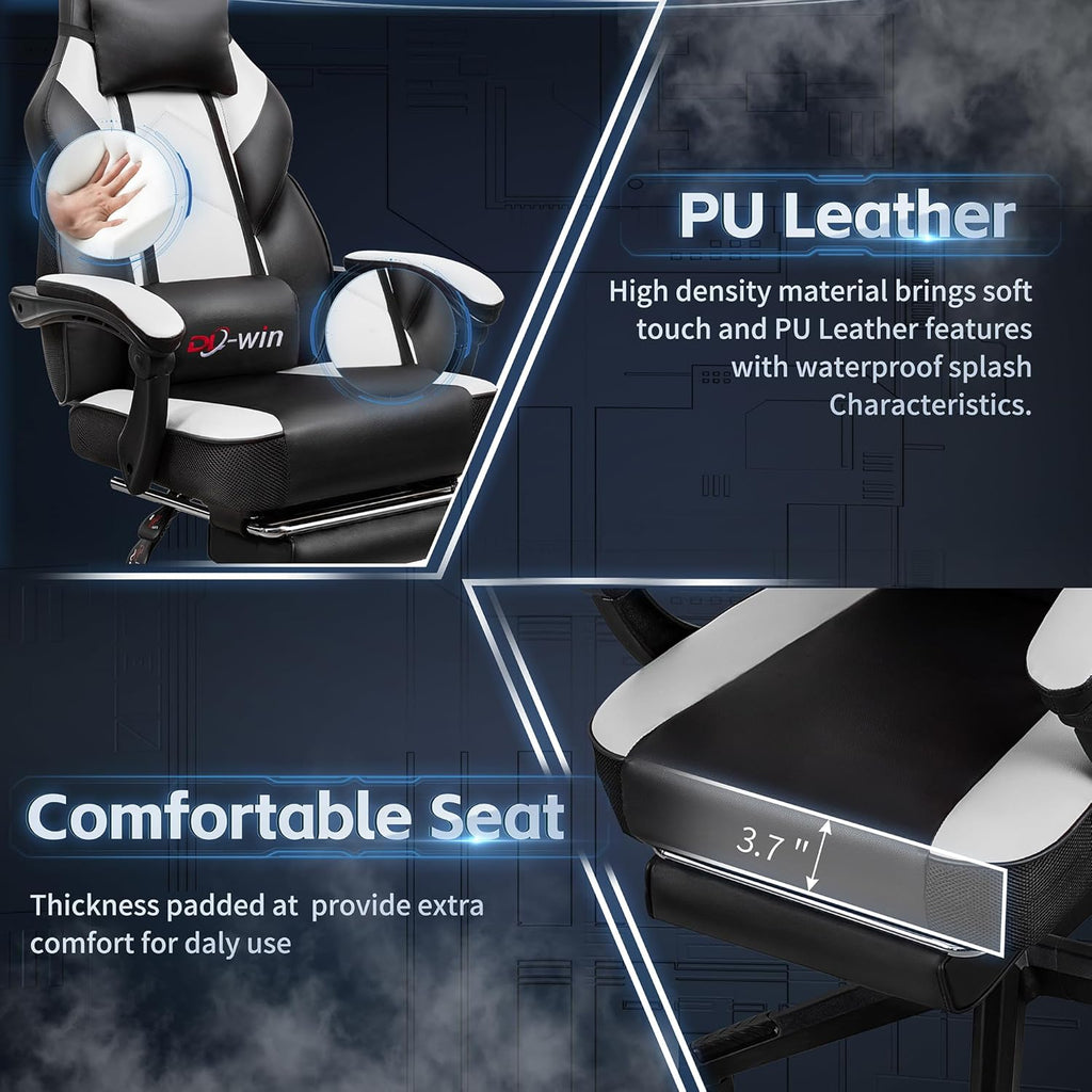 DL-win Video Gaming Chair for Adults, Computer Chair with Footrest and Ergonomic High Back, Big and Tall Gamer Chair with Massage Lumbar Support, 360° Swivel Height Adjustable Computer Chair, White