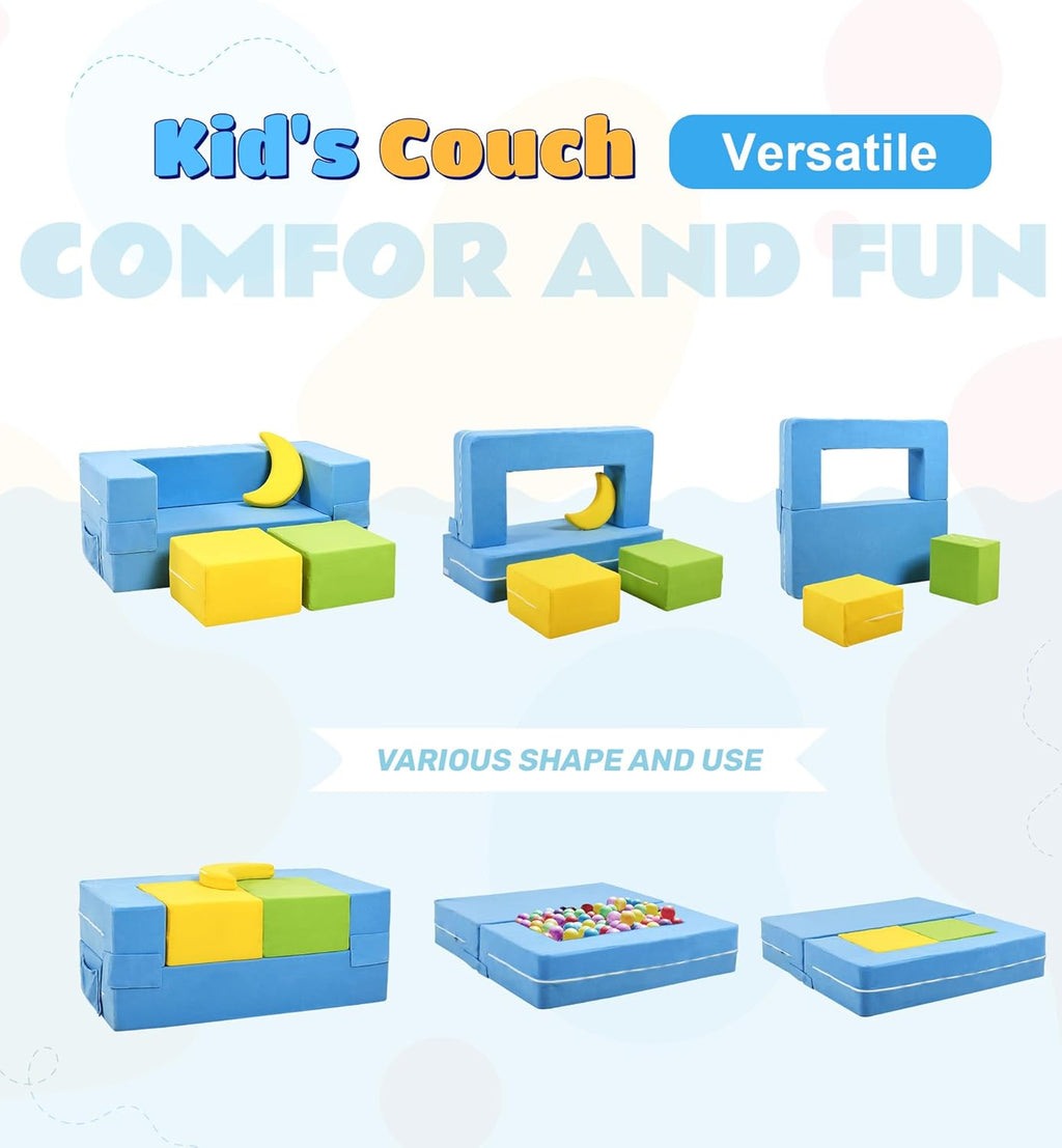 Elftopia Modular Kids Sofa,Toddler Couch Foam Armchair for Kids,Children Convertible Plush Sofa Play Set,Fold Out SofaBed(Dynami Color)