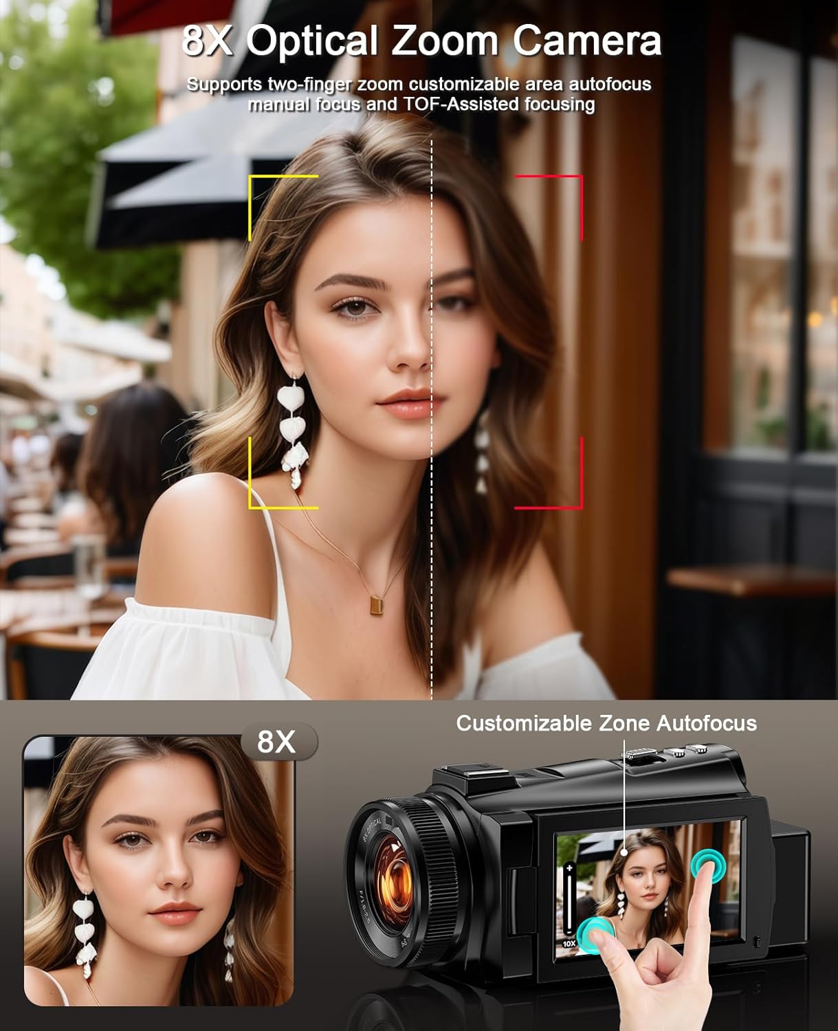 5K Video Camera Camcorder 8X Opitical Zoom Live Streaming Cameras 64MP WiFi Autofocus Vlogging Camera for Youtube with Full-color Night Vision  3.6'' 270° IPS Touchscreen 32GB Card Video Recorder