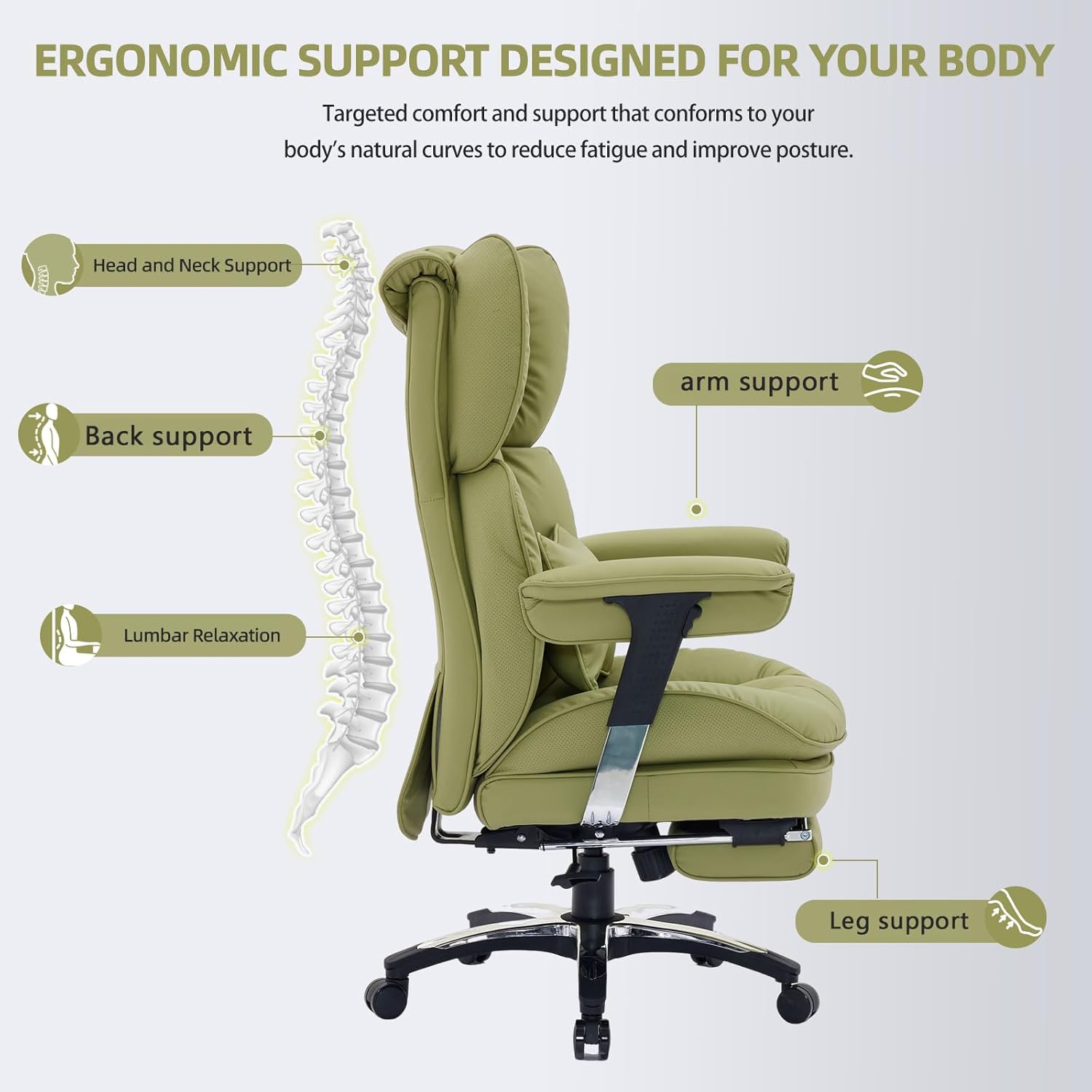 Efomao Big and Tall Office Chair with Footrest – High Back Computer Chair with Adjustable Armrests .Executive Office Chair with Wide Seat, Modern Desk Chair for Home Office, Gaming, or Study, Green