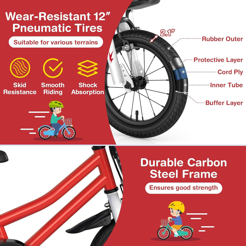 COSTWAY Kids Bike, 12 14 16 18 20 Inch Toddler Bike for Boys & Girls Aged 3-8 Years Old, Kids Bicycle w/Removable Training Wheels, Handbrake & Coaster Brake, Basket, Bell
