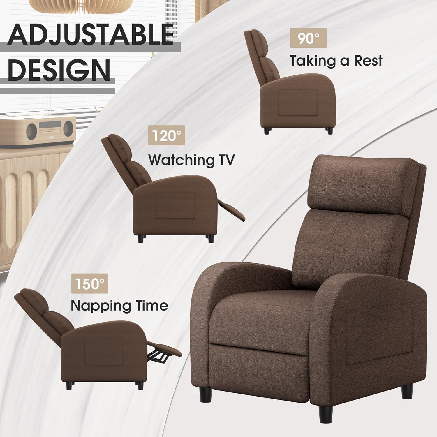 Homall Recliner Chair, Recliner Sofa for Adults, Recliners Home Theater Seating with Lumbar Support, Reclining Sofa Chair for Living Room (Fabric, Brown)